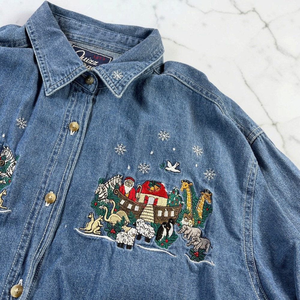 Vintage 90s Quizzical Denim Shirt L Blue Christmas Noahs Ark Festive Grandmacore - Picture 5 of 14